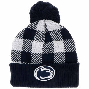 knit cuffed navy & white checkered beanie with Penn State Athletic Logo